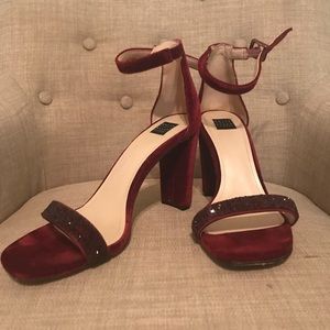 WHBM red velvet open toe block heels
